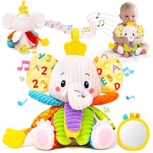 lot 1496 image: Baby Toys 3-6 Months, Musical Stuffed Elephant Toddler Toy for Newborn Infant 3 6 9 12 Months, Tummy Time Toys Montessori Sensory Toys 0-6 6-12 Months, Crinkle Paper, Mirror Soothing Music Shower Gift