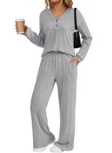 lot 2015 image: Dokotoo Womens Pajama Sets Ribbed Knit Button V Neck Pullover Tops Wide Leg Pants Two Piece Lounge Sets for Women Warm Cozy Tracksuit Loungewear Matching Set 2025 Fall Winter Trendy Grey Large