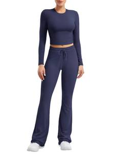 lot 2018 image: YEOREO Two Piece Sets for Women Long Sleeve Tops Lounge Set Drawstring Wide Leg Pants Ava Matching Navy Blue L