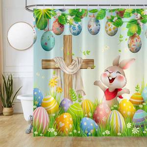 lot 2024 image: Umpoo Happy Easter Shower Curtain Wood Cross Cute Rabbit Colorful Eggs Spring Holiday Shower Curtain Decor Home Bathroom Bathtub Curtains Durable Fabric with 12 Hooks, 72x72 Inch