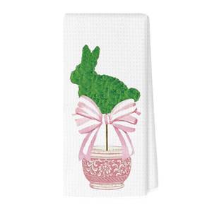 lot 2027 image: WULQYING Pink Bow Chinoiserie Easter Bunny Kitchen Towels, Bunny Gifts Decorative Hand Towels for Kitchen Bathroom Decor, Preppy Pink Grandmillennial Easter Rabbit Dish Tea Towel, 16x24 Inch