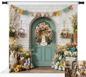 lot 2030 image: Kate Easter Photo Backdrops White Brick Wall Rabbit Eggs Background Door Party Banner Props, 7x5ft