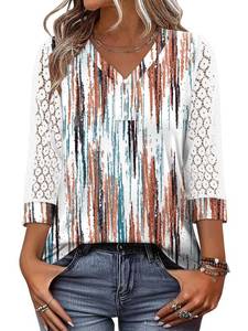 lot 2031 image: CRAZY GRID Womens Casual 34 Sleeve T-Shirts V Neck Lace Cute Tunic Tops Basic Tees Fall Blouses Loose Fit Pullover S