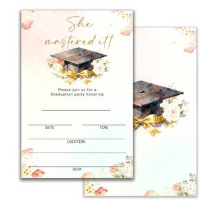lot 2039 image: LoaHak Gold Graduation Invitation, She Mastered It Graduation Party Invite, Elegant Gold Floral Graduation Card, Class of 2026 Graduation Invitation, 4x6 Inch