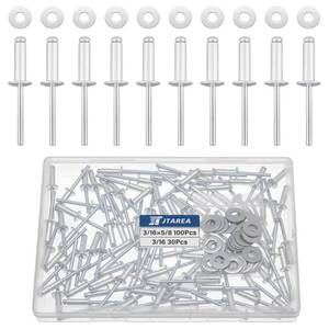 lot 2045 image: JTAREA 316 x 58 Silver Aluminum Pop Rivets with Stainless Steel Washers 4.8 x 16mm Blind Rivet Assortment Kit (Pack of 130pcs)