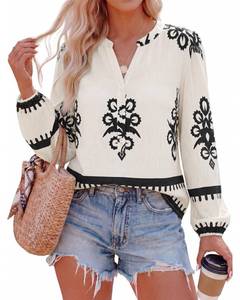 lot 2063 image: BTFBM Womens Tops Spring Casual Long Sleeve Shirts Button Up V Neck Bohemian Blouses Loose Tunics Vacation Outfits(Apricot Black Floral,Large)