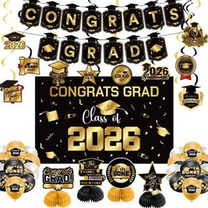 lot 2082 image: Graduation Decorations 2026 Gold Themed Set - Congrats Grad Banner, Class of 2026 Backdrop, Balloons & Streamers Kit - Complete Party Supplies for High School & College Celebrations