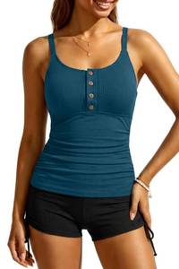 lot 2084 image: Daci Tankini Swimsuits for Women - Teal and Black Two Piece Tummy Control Swimsuits Ribbed Tankini Top with Shorts Button Bathing Suits XXL