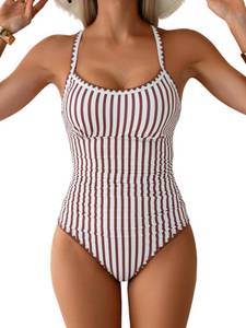 lot 2085 image: Eomenie Womens One Piece Swimsuit Tummy Control Slimming Bathing Suit Ruched Swimwear Tie Back Shell Stitch Swim Suit M