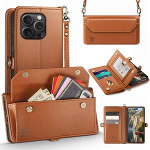 lot 2099 image: DJBull for iPhone 16 Pro Max 6.9 Wallet Case with Card Holder, Shoulder and Wristlet Straps, Soft PU Leather, Magnetic Snap, Flip Phone Case for Women Men for Apple 16 Pro Max Light Brown