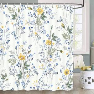 lot 2452 image: JAWO Country Wildflower Shower Curtain, Blue and Yellow Floral Green Leaf Plant on Beige Shower Curtain for Bathroom 72X72 inch Polyester Fabric Bathroom Decoration Bath Curtains Hooks Included