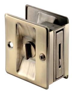 lot 2453 image: Prime-Line N 6774 Pocket Door Privacy Lock with Pull - Antique Brass, Replace Old or Damaged Pocket Door Locks Quickly and Easily (Single Pack)