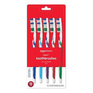lot 2455 image: Amazon Basics Clean Plus Soft Bristle Toothbrushes with Angled End-Tuft, Cheek and Tongue Cleaner, Full Size, 10 Count, 1 Pack (Previously Solimo)