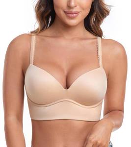 lot 2487 image: HACI Womens Plunge Push Up Bra Wirefree V Neck Padded T Shirt Longline Padded Supportive(Beige,34DD)