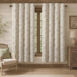 lot 3212 image: XOGUIBO Boho Floral 100% Blackout Curtains 72 Inch Length 2 Panels Set, Linen Texture Farmhouse Curtains Beige Tassel for Living Room Bedroom Vintage Rustic Patterned Printed Western Rod Pocket