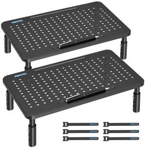 lot 3215 image: BONTEC Monitor Stand for Desk 2 Pack, 3-Level Height Adjustable Metal Monitor Riser, 14.5 x 9.1 in Ergonomic Computer Stand with Pen Holder & Cable Management for Printer, Laptop, Office Workstation