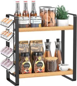 lot 3228 image: LEMIKKLE Coffee Station Organizer for Counter,Condiment Storage Caddy for Kitchen,2 Tier Wooden Shelf for Coffee Bar Accessories,Coffee Bar Organizer for Kitchen, Home, Office-Brown