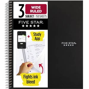 lot 4358 image: Five Star Spiral Notebook  Study App, 3 Subject, Wide Ruled Paper, 8 x 10-12, 150 Sheets, Black (73094)