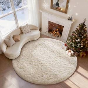 lot 4377 image: Ophanie Round Rugs 5Ft Ivory Circle Area Rug Washable,Living Room Decor Bedroom Circular Carpet 5 Foot,Fluffy Fuzzy Shag Plush Cream Rugs for Kids Boys Girls Teen Baby with Over 99 pcs Pile fibers