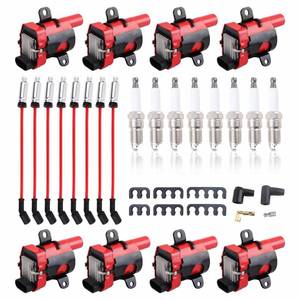 lot 4380 image: Set of 8 Round Ignition Coils UF262 41-962Spark Plugs 748UU 8mm Spark Plug Wires for Chevy Avalanche Express Tahoe Silverado Suburban 1500 2500 3500GMC OEM# D585 (UF262 red 748UU41-962)