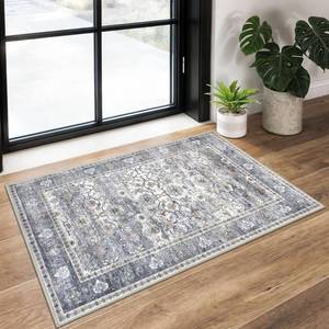 lot 4385 image: KUTA Vintage 2x3 Entryway Rug, Washable Kitchen Rugs & Ultra Thin Soft Throw Rug, Non-Slip Floral Distressed Print Grey Blue, Perfect for Front Door, Bedside, or Small Spaces