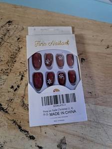 lot 4389 image: Christmas Press on Nails Medium Almond False Nail Red Christmas Nails with Floral Crystals Stick on Nail for Women 24pcs