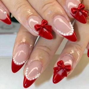 lot 4409 image: 24Pcs Red French Tip Press on Nails Short Almond Fake Nails with 3D Bow Pearl Design Pink Reusable False Nail Artificial Acrylic Nails Press ons Cute Bow Stick on Nails for Women DIY Manicure
