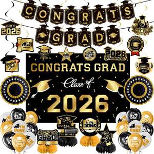 lot 4424 image: Graduation Decorations 2026 Gold Themed Set, Congrats Grad Banner Class of 2026 Backdrop Balloons and Streamers Kit High School and College Graduation Party Supplies