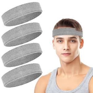 lot 4456 image: 4 Pack Headbands for Men, Sweat Bands Headbands Men & Women, Cotton Terry Sweat Bands for Tennis, Basketball, Running, Gym, Working Out (Gray)