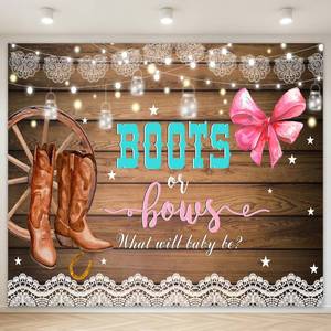 lot 4457 image: Avezano Boots or Bows Gender Reveal Backdrop 6x5ft Rustic Wooden Cowboy Boots Gender Reveal Party Decorations Boy or Girl Baby Shower Photography Background Cake Table Banner