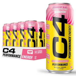 lot 5039 image: C4 Performance Energy Drink  Strawberry Blast  Zero Sugar Carbonated Preworkout Energy  200mg Caffeine with Beta Alanine  16 Fl Oz (12 Pack)