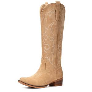 lot 5068 image: Fioralie Suede Cowboy Boots for Women Knee High Western Cowgirl Boots Pointed Toe Low Heel Classic Embroidered Boot size 8
