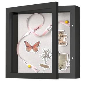 lot 5104 image: 8x8 Shadow Box Frame with Linen Back - Sturdy Rustic Memory Display Case of Flower, Pictures, Medals and More, Black