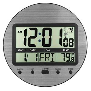 lot 5105 image: Atomic Digital Wall Clock Battery Operated, Self-Setting, Large Display with Temperature, Date, Day of The Week, Seconds, Round Wall Mount Digital Clock - 4 Time Zones, DST, Aluminum Metal Dial