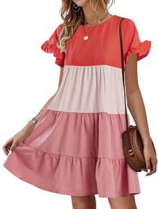 lot 6231 image: Chuanqi Womens Ruffles Boho Floral Printed Babydoll Loose Swing Casual Short Mini T-Shirt Dress (Small, Zz-Pink)