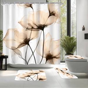 lot 6234 image: Riyidecor 4PCs Yellow Grey Floral Shower Curtain Bathroom Set with Non-Slip Rugs, Toilet Lid Cover and Bath Mat Ink Painting Flower Waterproof 12 Pack Hooks 72x72 inch Shower Watercolor Curtain Decor