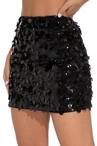 lot 6241 image: GUANYY Womens Sequin Skirt High Waisted Sparkly Stretchy Shiny Glitter Sexy Mini Skirts Party Club Black Medium