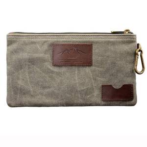 lot 6285 image: All Purpose Utility Zipper Pouch, EDC Organizer, Water Resistant, Durable Waxed Canvas with Full Grain Leather, Carabiner, Inner Pockets, Office Work Essentials, Charger Case, Pencil Case. Olive.
