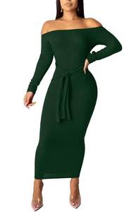 lot 6289 image: SheKiss Womens Cute Off Shoulder Knit Midi Sweater Dress Long Sleeves Solid Color Bodycon Ladies Outfits with Belt Green size S