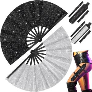 lot 6294 image: Weysat 2 Sets Large Folding Fans for Line Dancing Boots Fans with Fan Holster for Women Men Glitter Fan with Leg Strap and Fabric Case Bag for Edm Music Festival (Silver)