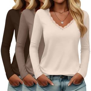 lot 6301 image: Huukeay 3 Pack Womens Lace Long Sleeve Shirts Deep V Neck Modal Basic Tees Slim Fit Casual Sexy Fall Y2k Going Out Tops(Cream White, Khaki, Dark Brown,Small)