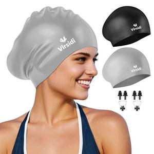 lot 6317 image: 2 Pack Swim Cap for Women Men Adult, Silicone Swimming Caps for Short Long Hair, Waterproof Swim Hats Bathing Caps to Keep Hair Dry with Nose Clip and Earplugs (Black&Gray)