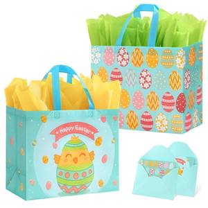 lot 6319 image: STYPOP 2 Pack 13 Large Easter Gift Bags with Tissue Paper, Reusable Non-Woven Easter Bags with Handles for Kids Egg HuntsParty Favor Supplies, 12.810.26.3