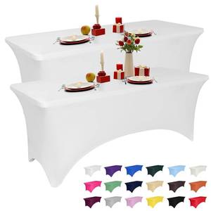 lot 6320 image: 2 Pack 5 Feet White Spandex Tablecloth for Rectangular Tables, Fitted & Stretch, Washable, Wrinkle Resistant, Perfect for Event, Wedding, Party, Banquet, Cocktail, Festival, and Table Protector