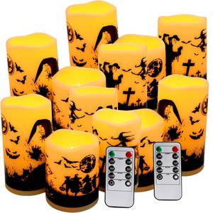 lot 9310 image: CAKETYCG 12-Pack Halloween Ink Painting Large Electronic Waxes with Remote Control, Flameless LED Candles for Halloween Spooky, Halloween Ambient Sense Artifacts.