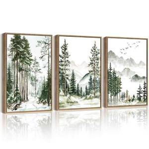 lot 9321 image: Drsoum Green Tree Forest Mountain Framed Wall Art Nature Landscape Prints Morden Wilderness Artwork Hallway Bedroom Ready to Hang 11x14in Natural Framed