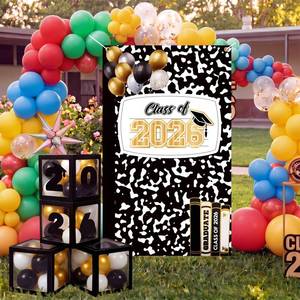 lot 9331 image: 2026 Preschool Graduation Decoration Kit Composition Notebook Graduation Backdrop 43x70 Grad Box with Letter 20pcs Balloon Black and Gold Class of 2026 Grad Party Decor for Kindergarten Classroom