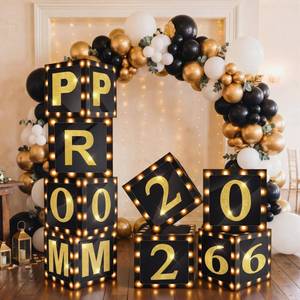 lot 9332 image: Sinmoe 8 Pcs 2026 Prom Graduation Boxes Decoration Photo Booth Border Lighting 12 Column Standup with 2026 Prom Letters Graduation Props Backdrop Decor for Party Supplies(Black and Gold)