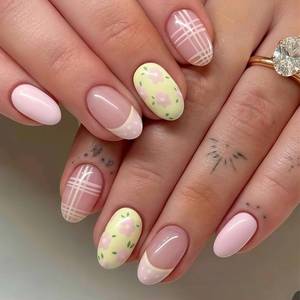 lot 10412 image: Spring Pink Press On Nails Short Almond Fake Nails French False Nails With Yellow Flower Designs Acrylic Nail Press Ons Full Cover Glue On Nail Glossy Stick On Nail For Women 24Pcs