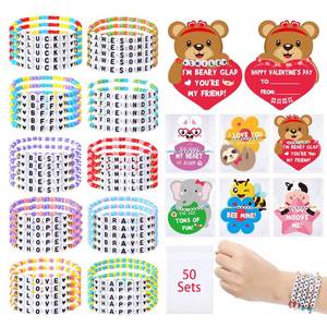 lot 10414 image: Kigeli 50 Set Valentines Friendship Bracelets with Cards Valentines Day Gifts for Kids Valentines Friendship Bead Bracelets for Gift Exchange School Classroom Prizes Valentines Party Favors Supplies